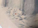 a pencil drawing of a bed with a red dot on it