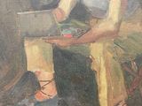 a painting of a man sitting on a bench with a laptop