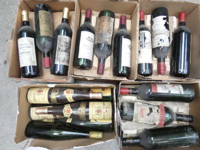 Plusieurs bouteilles de vin se trouvent dans un carton posé par terre.