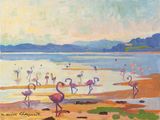 painting of a group of flamingos walking on a beach near a body of water