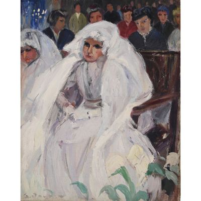 a painting of a woman in a wedding dress sitting in front of a crowd