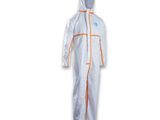 a white coverall with orange trims and a hood