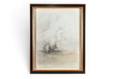 un tableau représentant un chien blanc assis sur une table