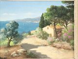 tableau représentant un chemin menant à une maison avec vue sur l'océan