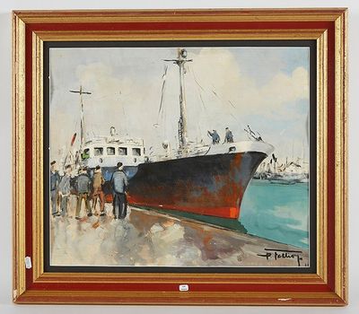 un tableau représentant un bateau amarré dans l'eau