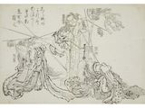 an ink drawing of a woman and a man in oriental clothing