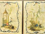 quatre panneaux représentant un tableau où l'on voit un bateau et des personnes sur une plage