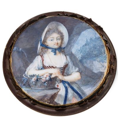 painting of a woman in a bonnet holding a basket of flowers