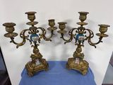 pair of antique brass candelabs with blue and white porcelain figurines