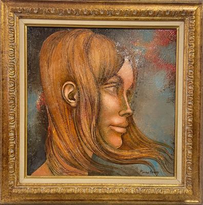 tableau représentant le visage d'une femme aux longs cheveux, dans un cadre doré