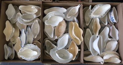 several boxes filled with assorted shells sitting on top of a table