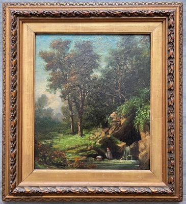 une peinture à l'huile représentant un paysage boisé avec un ruisseau et une cascade
