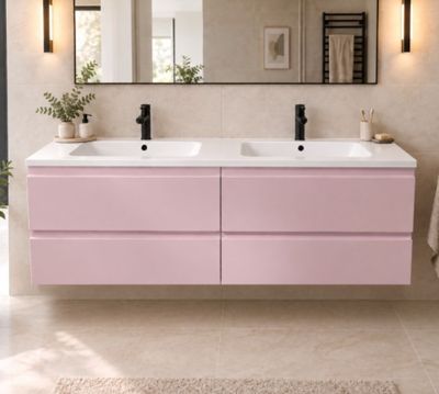 a bathroom with two sinks and a mirror on the wall