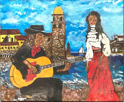 tableau représentant un homme et une femme jouant de la guitare sur la plage