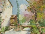 a painting of a house by a river with a bridge