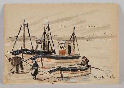 tableau représentant un groupe de bateaux sur l'eau, avec des personnes sur la rive