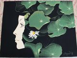 a painting of a woman ' s face with a flower in her hair