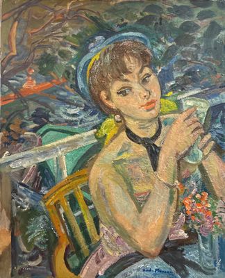 un tableau représentant une femme assise à une table