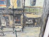 un tableau représentant une scène de rue avec un banc et un bâtiment
