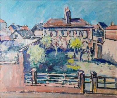 une peinture à l'huile représentant une vue d'une ville depuis une fenêtre