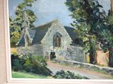 a painting of a church in the middle of a field