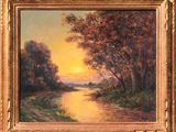 an oil painting of a sunset over a river with trees in the foreground