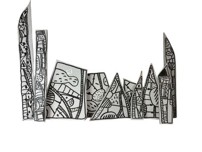 un dessin en noir et blanc représentant une ville sur fond blanc