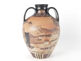 a vase with a picture of a man and a dog on it