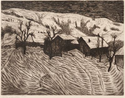 an image of a black and white drawing of a farm in the snow