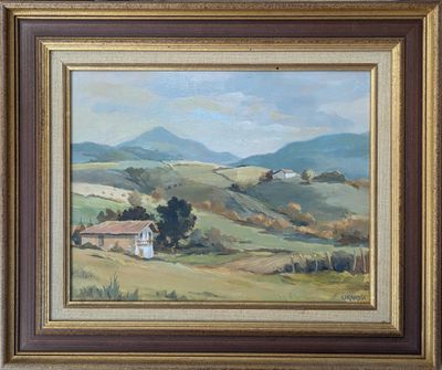 un tableau représentant un paysage avec une maison et des montagnes en arrière-plan