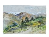 watercolor painting of a landscape with mountains and trees in the distance