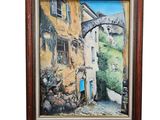 tableau représentant un bâtiment avec une porte et une fenêtre bleues