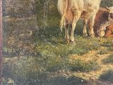 a painting of a cow and a cow laying down in the grass