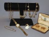 several pieces of jewelry are displayed in a display case