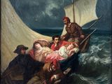 painting of a group of people in a boat on a body of water