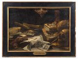 an oil painting of a still life with a dog and other items