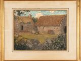an image of a painting of a farm scene in a gold frame