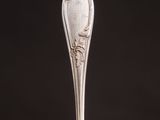 a silver spoon with a silver handle on a black background