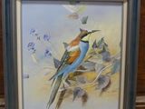 painting of a colorful bird sitting on a branch in front of a wooden wall