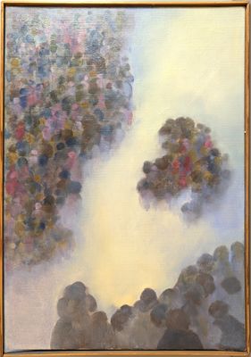 an oil painting of a group of people standing in front of a tree