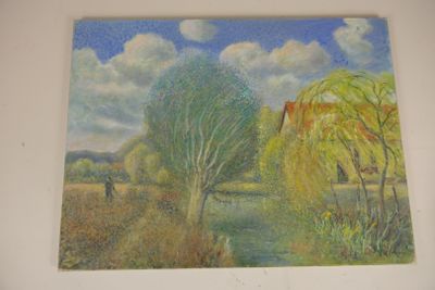 a picture of a painting of a landscape on a wall