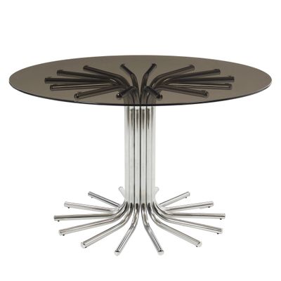 une image d'une table en verre avec des pieds en métal et un plateau en verre