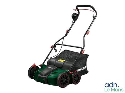 a green lawn mower with a black handle and red wheels