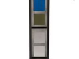 an image of a display case with a blue, green, and grey color scheme