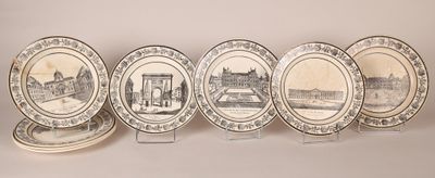 six plates with a picture of a building and a building on them