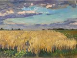 an oil painting of a field of wheat under a cloudy sky