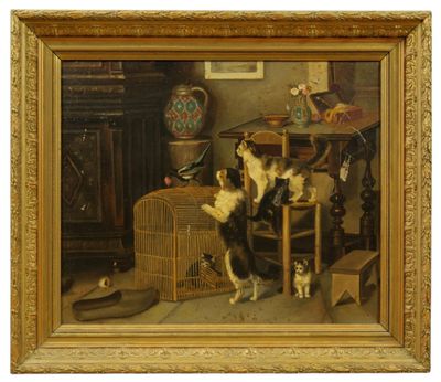 tableau représentant deux chats jouant avec une cage à oiseaux dans un salon