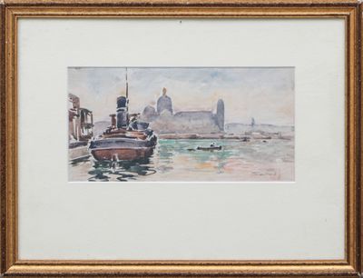 a painting of a boat in the water with a city in the background