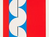 an image of a red, white and blue poster with circles