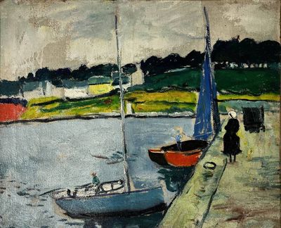 une peinture représentant deux bateaux sur un plan d'eau